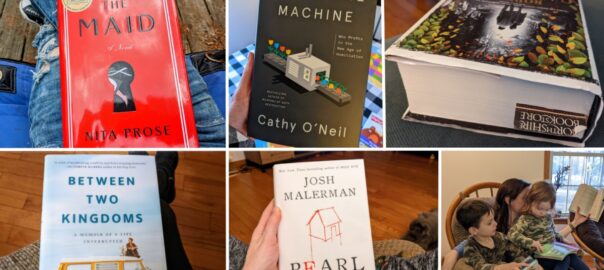 collage of books and one of woman reading with kids in her lap